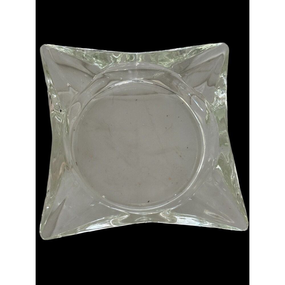 Ashtray MCM Clear Glass Square Thick Heavy 4 Slot Cigarette Or Cigar
